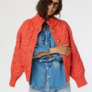 Kerri Rosenthal Troy Cable Sweater Fisherman Cardigan Chunky Mars Orange Size M